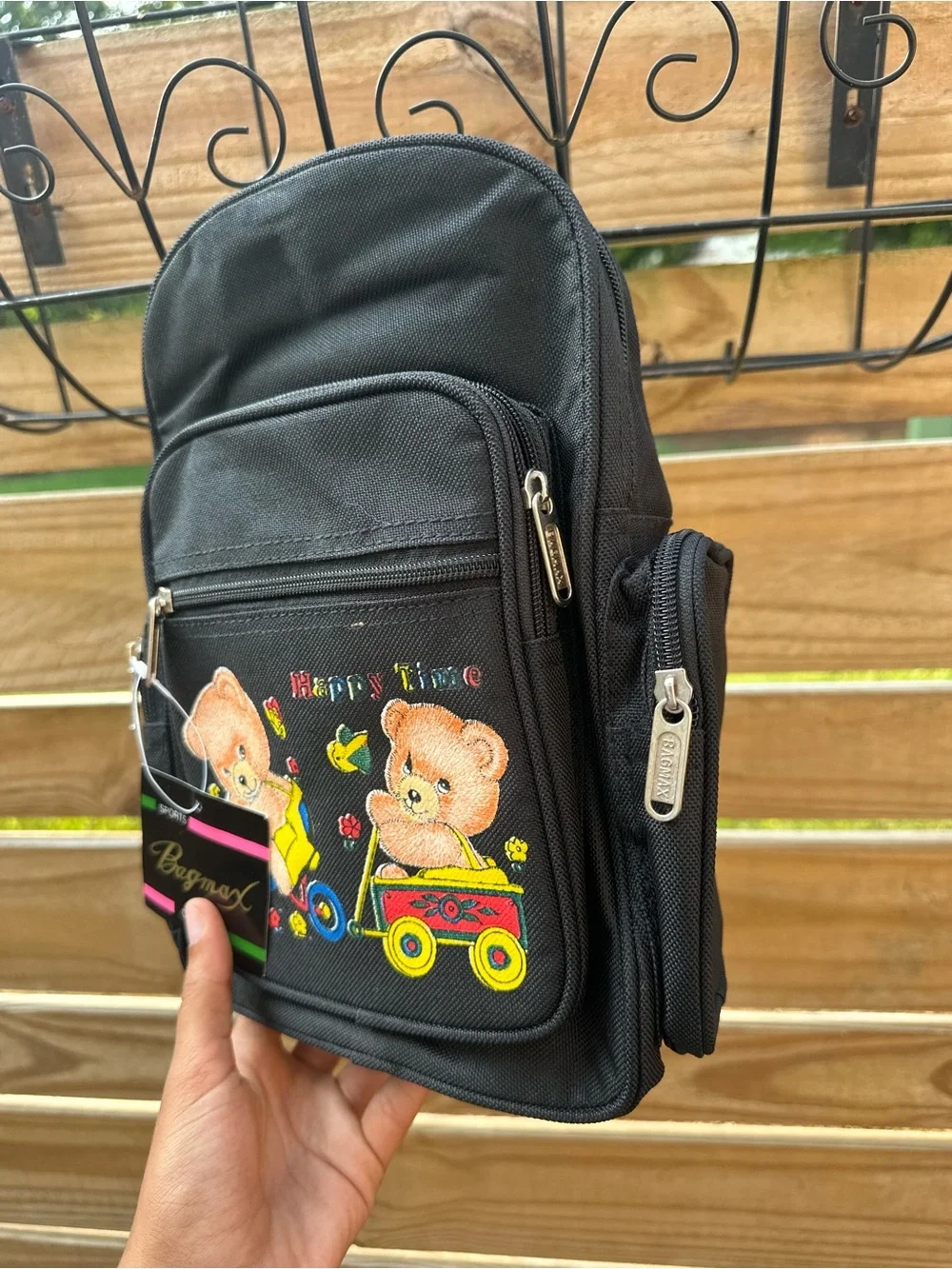Kids Black Backpack with Cute Bear 'Happy Time' Print